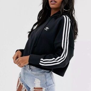 Adidas Women's Black Hoodie with Iconic White Stripes